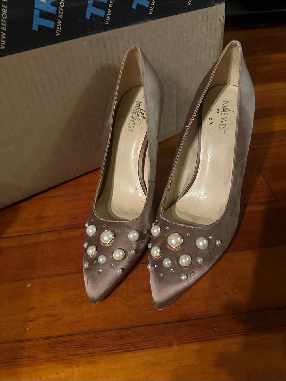Nine West Taupe Satin Pointed Toe Pearl & Stud Pumps